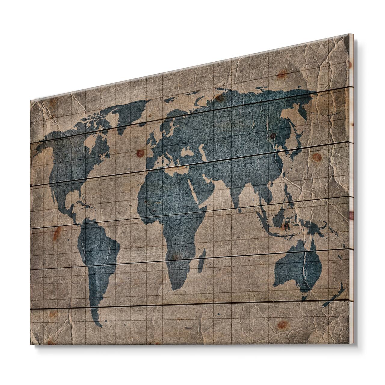 Designart - Ancient Map of The World I - Rustic Print on Natural Pine Wood